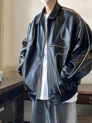 Threebooy Leather Jacket Unisex Trend Hong Kong Style Original Personality Handsome Locomotives Leather Jacket Men Women PU Coat