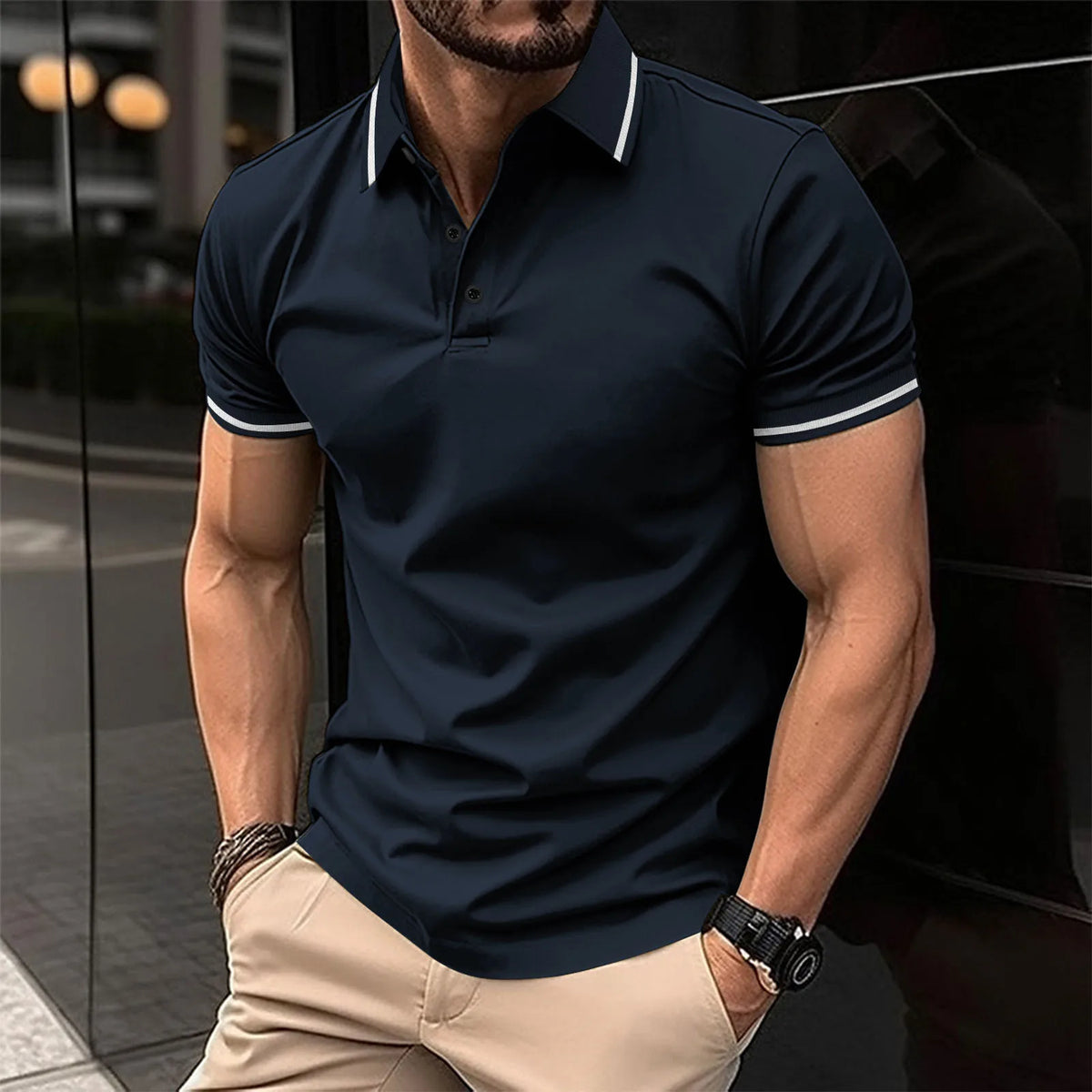Threebooy  Summer Men Polo T-Shirt Men Casual Polo Shirt Male Short Sleeves Tops Tees Men Stripe Pattern Print Button T Shirt