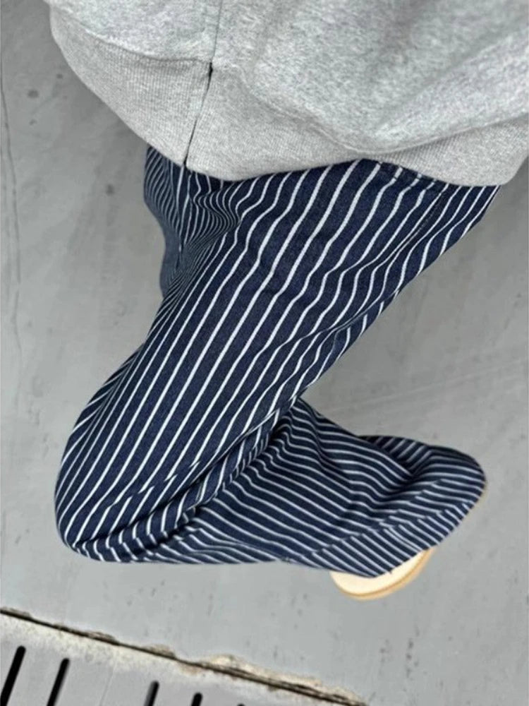 Threebooy  Vintage Blue Striped Jeans Women Y2k Hip Hop Grunge Straight Denim Trousers Punk High Waist Streetwear Wide Leg Jeans