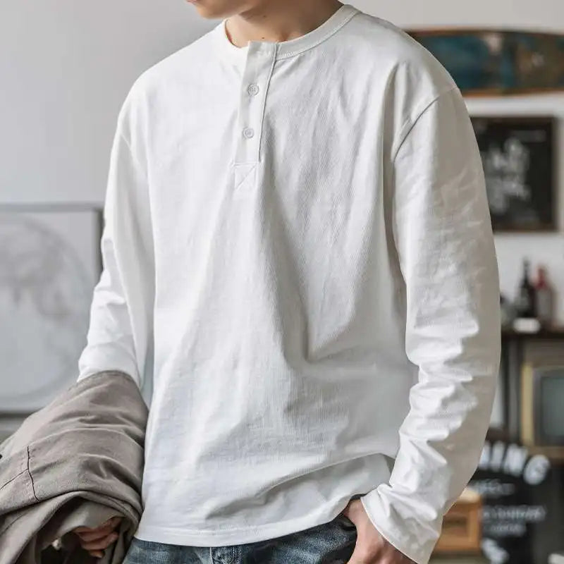 Threebooy American Retro Henry Shirt T-shirt Men's Autumn Large Size Vintage Half Button Blouse High-end Collar Long Sleeve Base Shirt