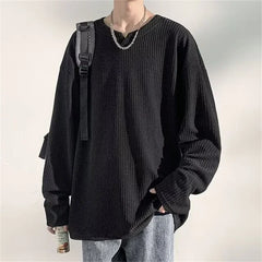 Threebooy  Autumn Men's V-neck Long Sleeve T-shirts New Solid Color Jacquard Waffle Pullover Tops High Street Fashion Breathable Tee Shirts
