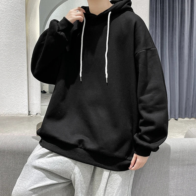 Threebooy Men's Multicolour Patternless Hooded Sweatshirt Korean Loose Large Size 5XL Casual  Long Sleeve Top Simple Unisex Style T-Shirt