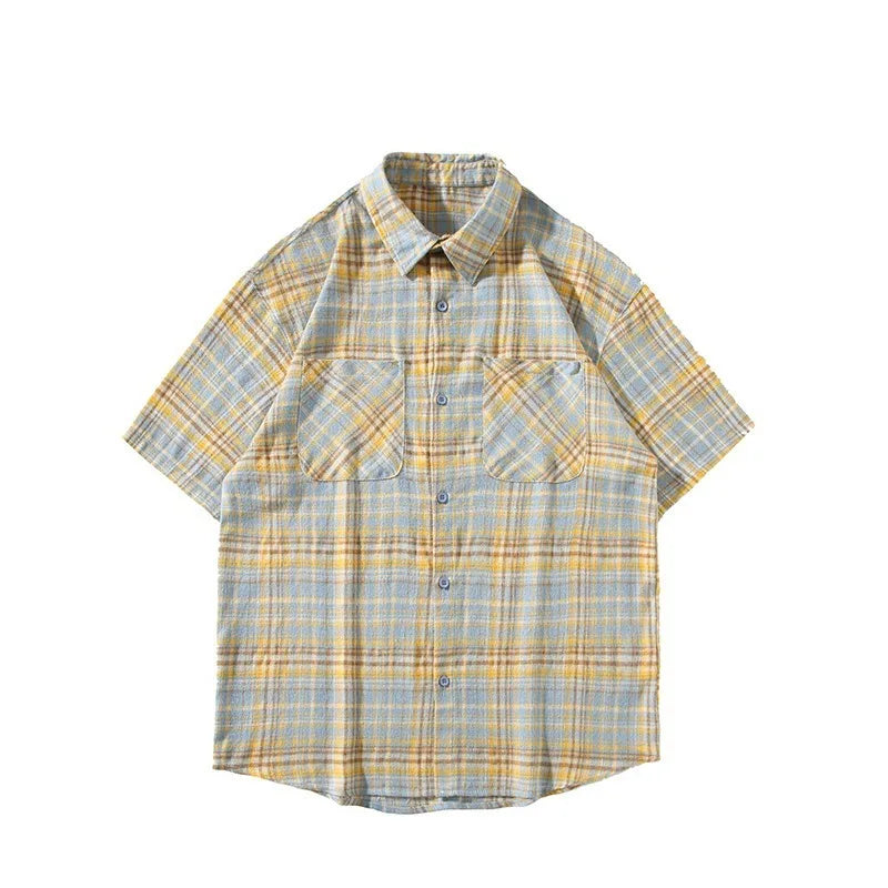 Threebooy Summer Men's Elegant Turn Collar Plaid Shirt Casual Street Wear Lapel Shirts For Men Vintage Vacation Blouse