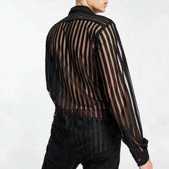 Threebooy Mens See-Through Sexy Shirt Genderless Nightclub Print Loose Casual Striped Mesh Fashion Trendy Long-Sleeved Shirt Unisex