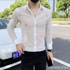 Threebooy  Spring Autumn New Fashion Plaid a Peaked Collar Men's Clothing Shirts Long Sleeve Button Hollow Out Slim Korean Chaopai Blouse