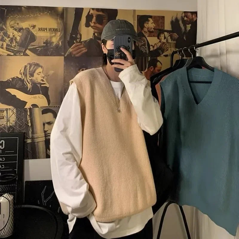 Threebooy Knit Sweater Male Sleeveless Men's Clothing Plain Solid Color Waistcoat Vest V Neck Blue Plus Size Street Korean Fashion Jumpers