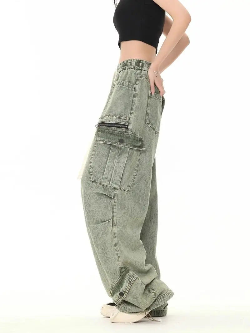Threebooy Hip hop retro high street men and women trendy personalized washed workwear jeans for couples loose straight leg casual pants
