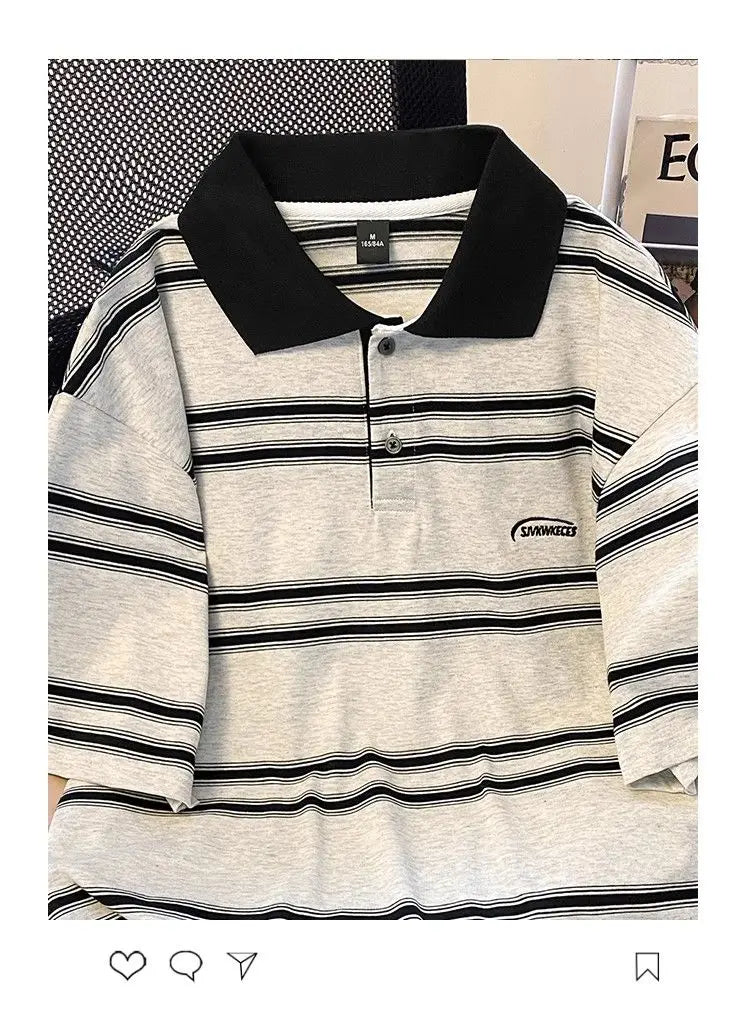 Threebooy High street hip-hop men and women trendy personalized striped polo short sleeved couple summer loose retro casual Harajuku top