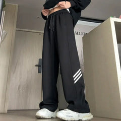 Threebooy American Trendy Vintage Summer Loose Sports Wide Leg Pants Men Pocket Striped Elastic Wait Drawstring Casual Straight Trousers