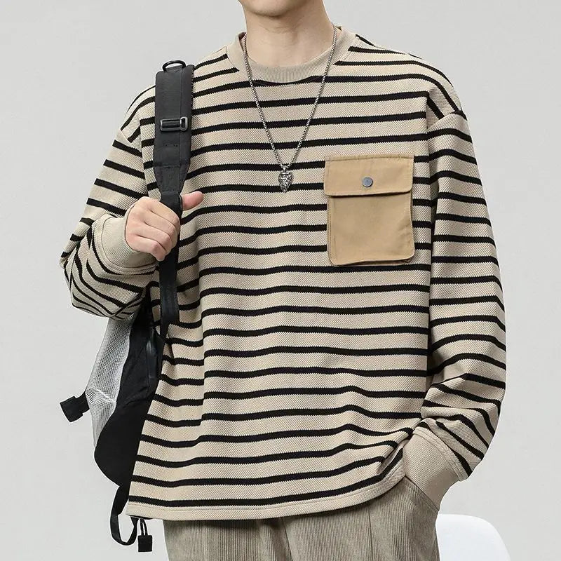 Threebooy Men's Striped Long Sleeved T-shirt Men's Trendy T-shirt Men's Hoodie Men's Base Shirt Top