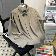 Threebooy Korean High-end Long-sleeved Shirt Men's Solid Color High-end Droop Top Spring and Autumn Loose Handsome Shirt Chic Streetwear