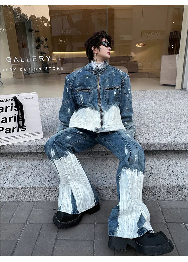 Threebooy Men's New 2-Piece Bleached Faded Denim Set