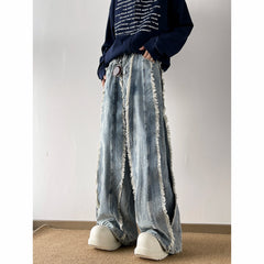 Threebooy Destroyed Stitching Jeans Men's Rough selvedge Blue Washed Jeans Gothic Style Street Trend Clothing Retro Loose Wide Leg Pants