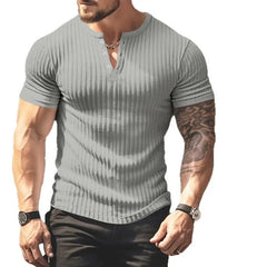 Threebooy  European and American Solid Color Summer New Versatile Men's T-shirt Henry Shirt Casual Knitted Short-sleeved T-shirt Men's Tee