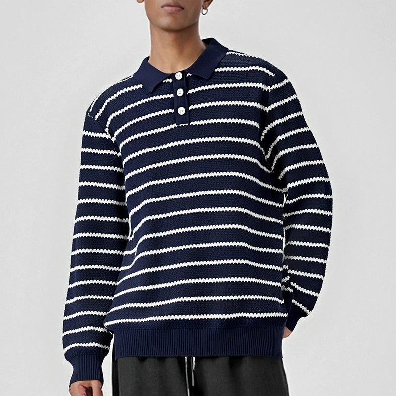 Threebooy  New American Trendy Men Polo Neck Sweaters Light Luxury Striped Knit Long Sleeve Pullover Tops High Quality Loose Knitwear M-3XL