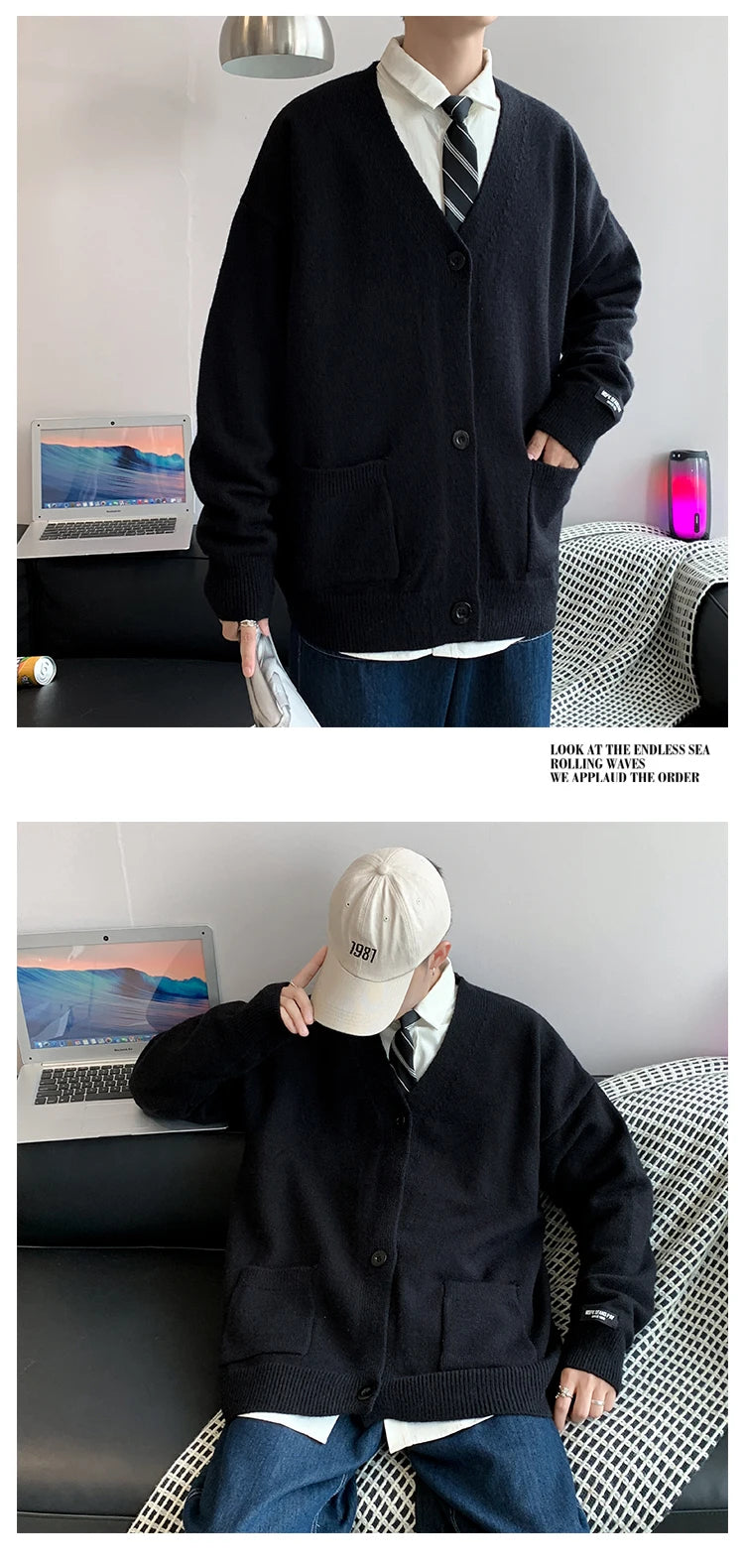 Threebooy Men's Cardigan Sweater Knitwear Jacket Spring Autumn V-neck Long Sleeves Single-breasted Pockets Loose Casual Linen Sweaters