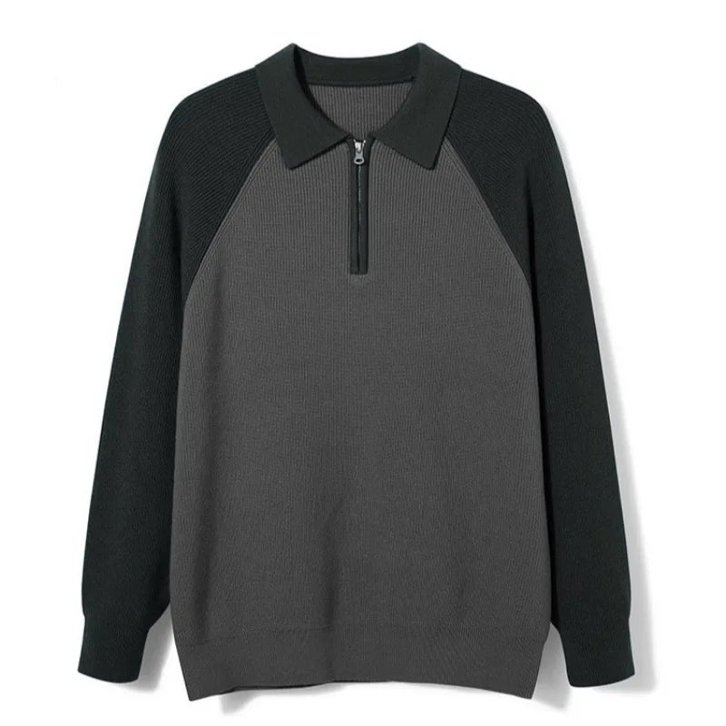 Threebooy  New American Chic Men Polo Sweater Luxury Trendy Business Zip-up Knit Solid Color Pullover Leisure Slim-fit Long Sleeve Knitwear
