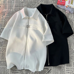 Threebooy Niche Design Zipper Shirt Men's Short-sleeved Summer 2025 New Waffle High-end Casual Shirt Hip Hop Unisex Zipper Blouse