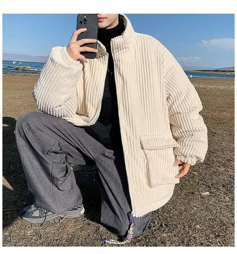 Threebooy Korean style autumn and winter men and women trendy personalized corduroy jacket for couples loose retro Harajuku casual top y2k
