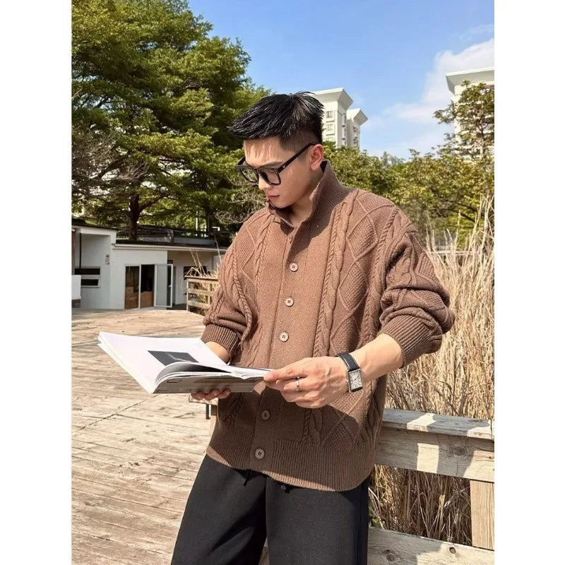Threebooy  Autumn Winter New Twist Knitted Cardigan Men's Korean Style Loose Versatile Solid Color Sweater Top