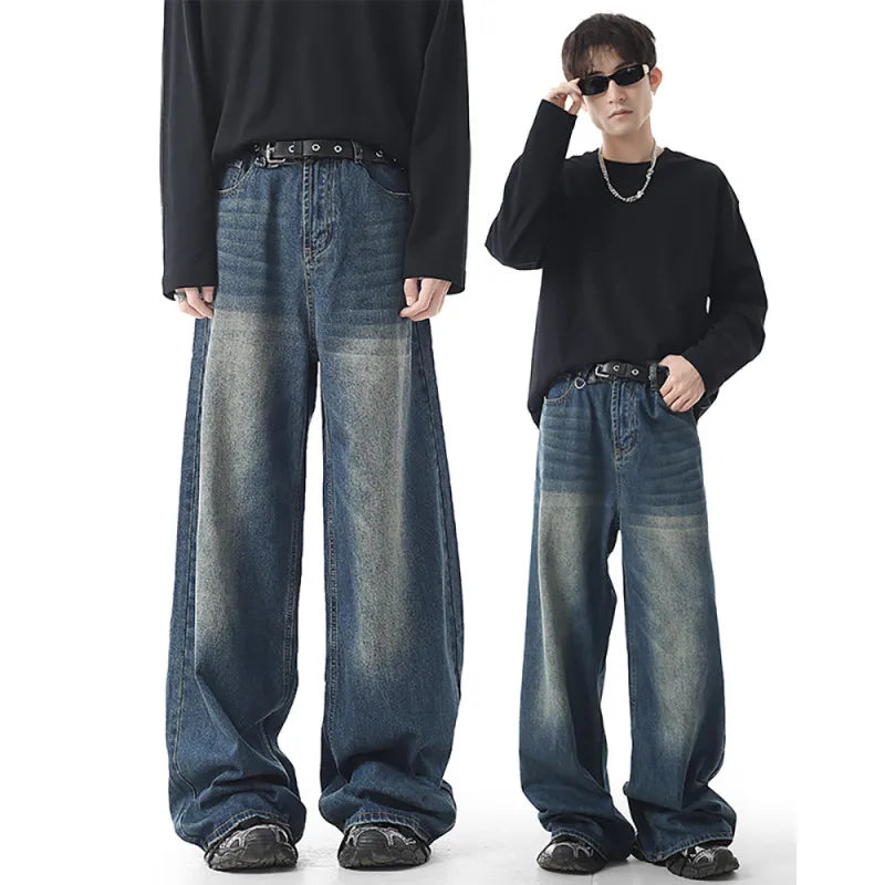 Threebooy Autumn Vintage Distressed Men's Baggy Straight Jeans Fashion High Street Denim Pants Streetwear Male Trousers