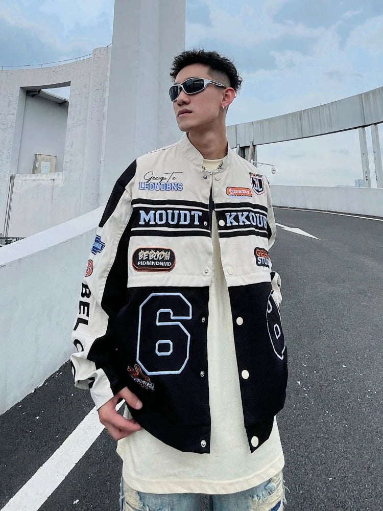 Threebooy American Retro Racing Jacket Handsome Detachable Function Racing Suit Jacket Men Loose Niche Button Up Baseball Uniform