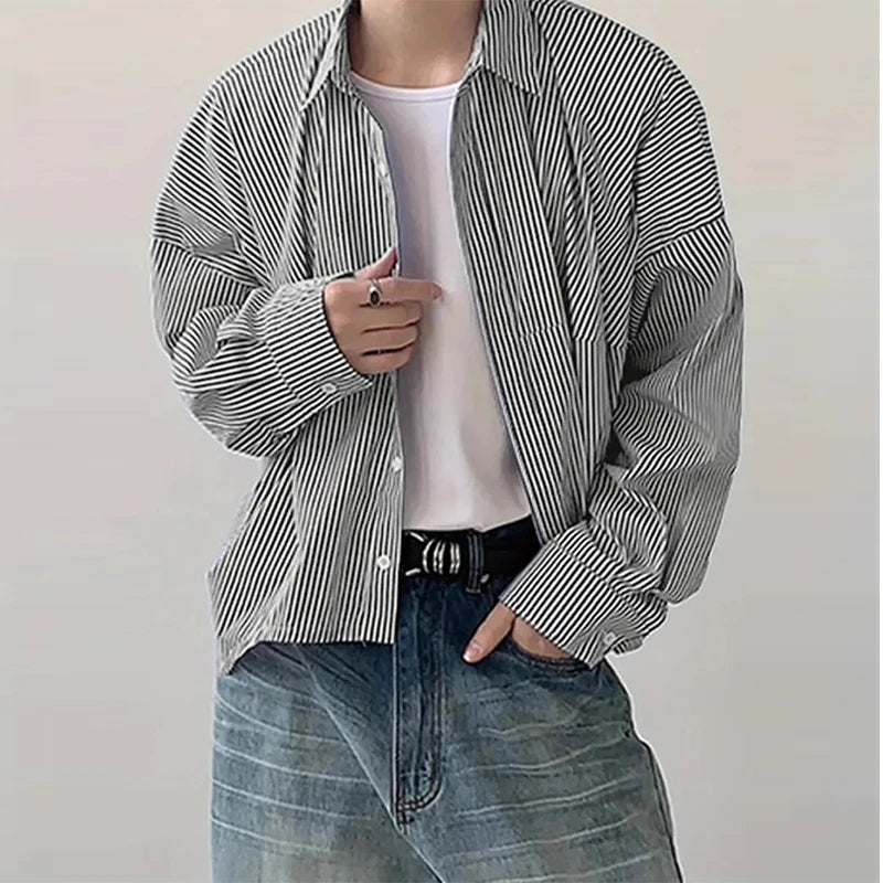 Threebooy  New Japanese Trendy Men Shirts Light Luxury Textured Lapel Striped Long Sleeve Cardigan Tops Leisure Premium Loose Blouse M-2XL