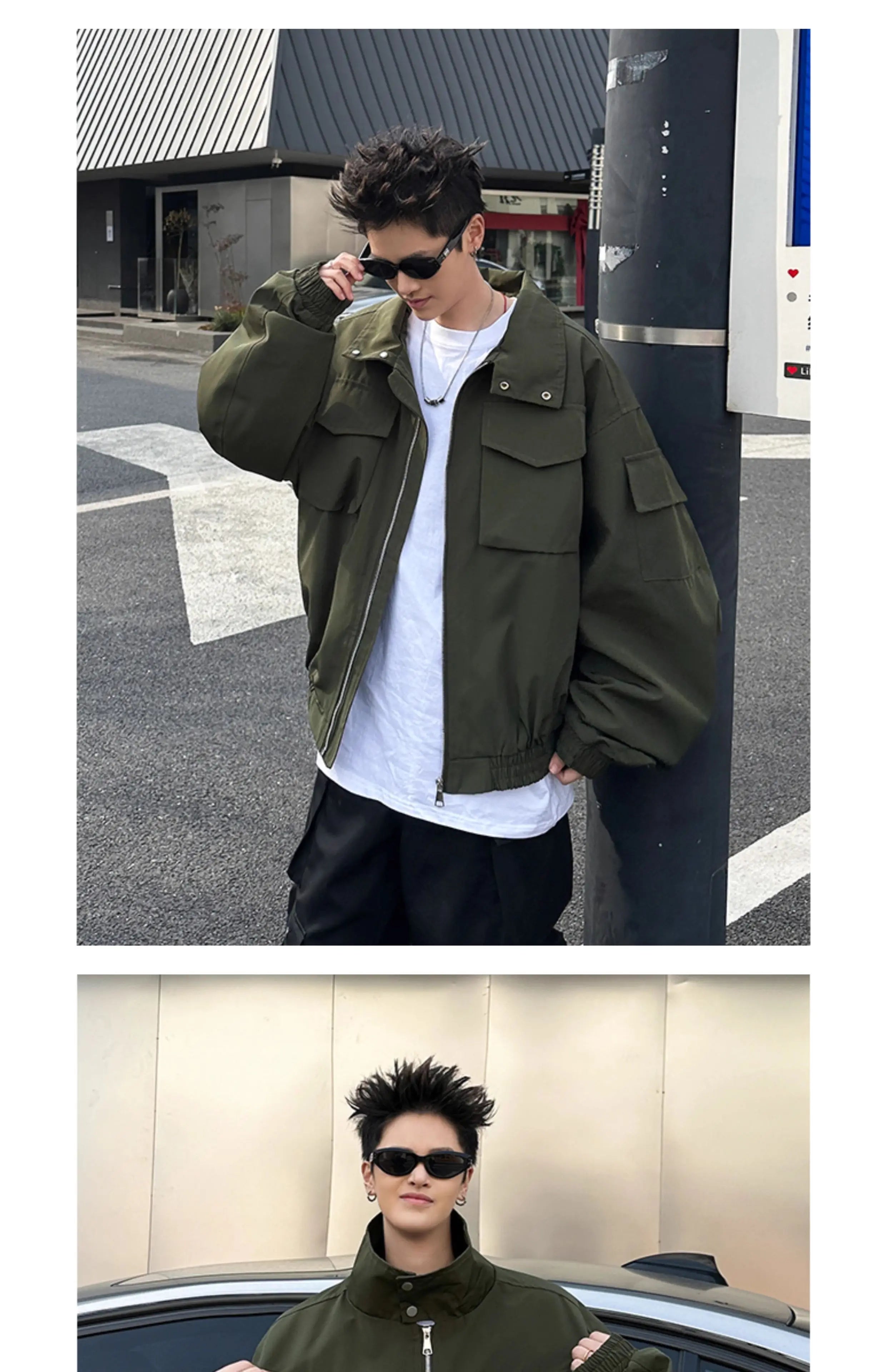 Threebooy Outdoor Work Jacket Men's Spring Autumn American Retro Zipper Coat Silhouette Bomber Handsome High Street Flying Work Jacket