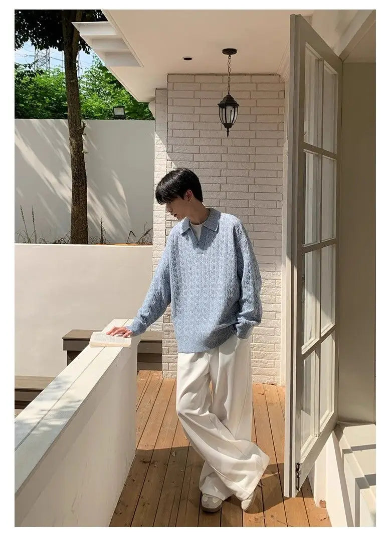 Threebooy Korean style spring and autumn men and women trendy street collar pullover sweater for couples loose retro street casual simple