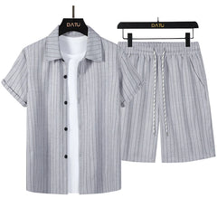 Threebooy  New Casual Men's Shirts Sets Summer Leisure Breathable Loose Short Sleeve Striped Shirt for Men Outdoor Fashion Button Lapel Top(Two-Piece Set)