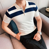 Threebooy Fashion Business Male Turn-Down Shirts Summer Striped Slim Tops Pullover Men Casual Button Design Short Sleeve Polo Shirts