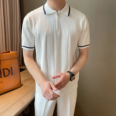Threebooy  Summer Korean Style Men's Half Zip-up Casual Knitted Top Short Sleeves Lapel Trendy Fashionable Knitted Polo Shirt