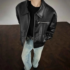 Threebooy  Winter New Men's Pu Leather Long-Sleeved Jacket American Retro Fashion Trend High Street Loose Casual Niche Men's Tops