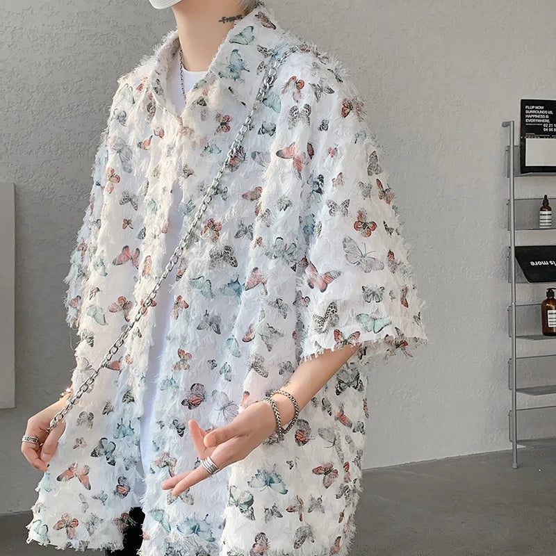 Threebooy Summer Butterfly Tassel Splice Shirt Men Loose Casual Floral Short Sleeve Shirts Women Oversize Streetwear Boy Girl Blouses