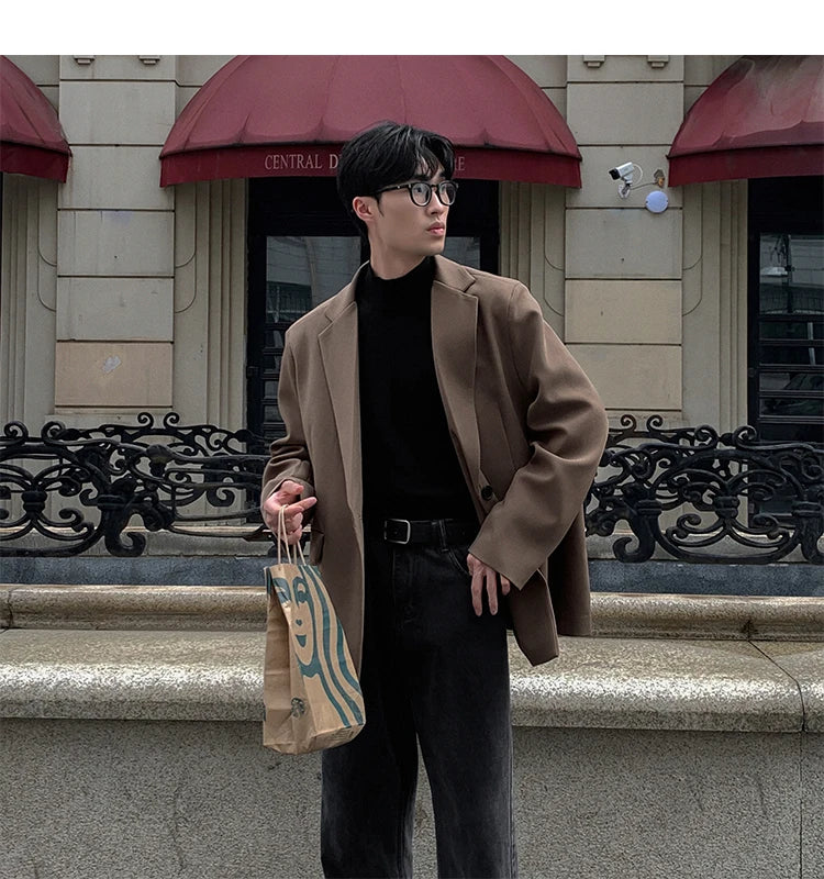 Threebooy Oversized Korean Style Men's Loose Casual Small Suit, Men's 2024 Autumn New Padded Shoulder Suit Jacket Unisex Top