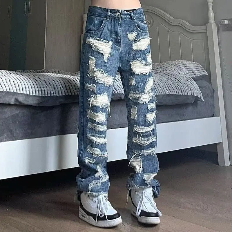 Threebooy American Style Broken Hole Old Jeans Loose Hundred New Pants Men's Streetwear Baggy Jeans  Y2k Jeans Ripped Jeans Men Pants