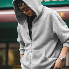 Threebooy Japanese Vintage Gray Waffle Hoodies for Men Brand Essential Hooded Sweatshirts Amekaji Loose Sport Jacket Jogger Pullover