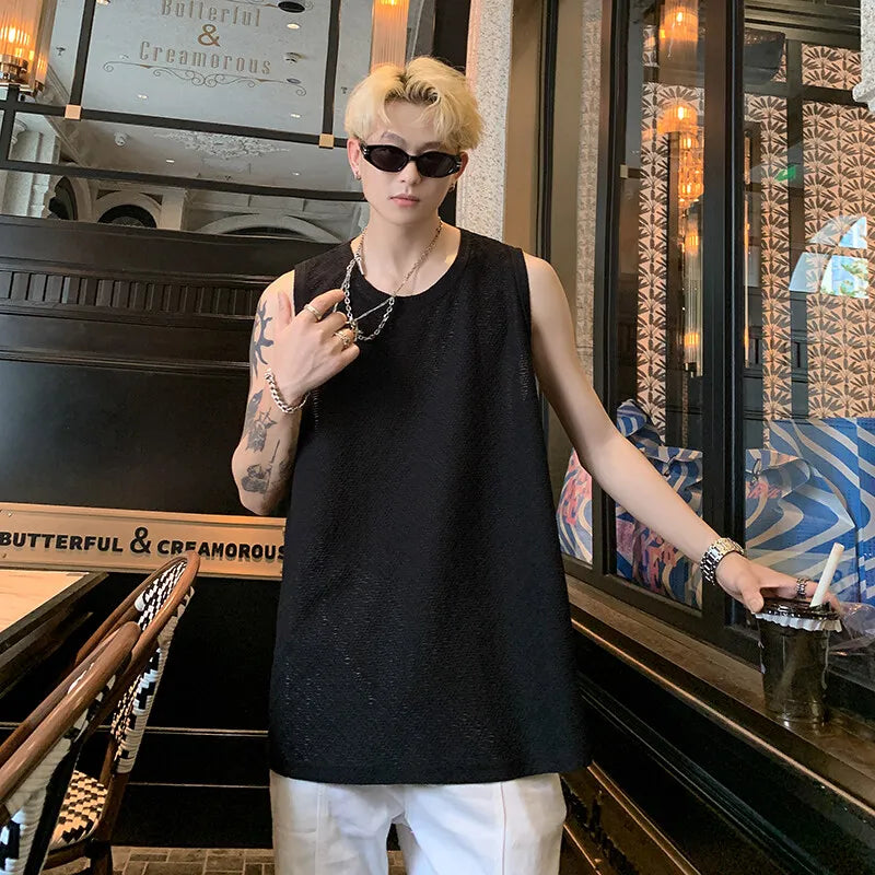 Threebooy Men Ice Silk Hellow Sleeveless TShirts O-Neck Vest Summer Male Loose Casual Tank Tops Fashion Oversized Singlets Male Clothing