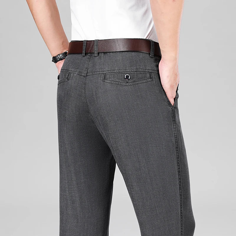 Threebooy  New Men's Summer Thin Jeans Loose Stretch Large Size Ice Silk Straight Pants Elite Business Casual Pants Smoke Gray Blue