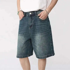 Threebooy  Summer Denim Shorts Men's Loose Korean Style Retro Short Jeans Fashion Washed Casual Knee Length Pant New Streetwear