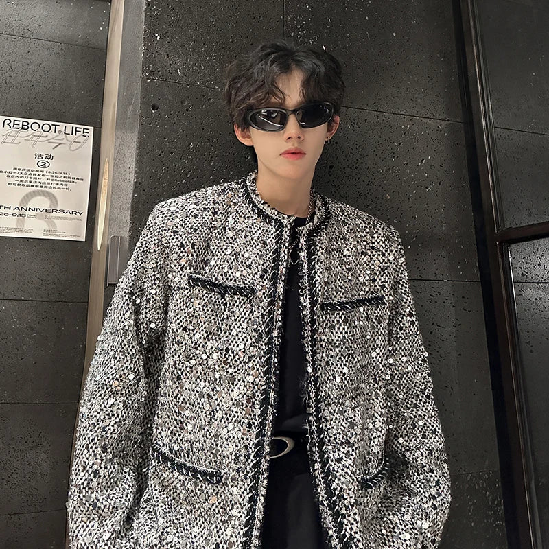 Threebooy Korean Fashion Shiny Sequin Jacket Sliver Round Collar Long Sleeve Jackets Coats Autumn New Ladies Gentleman High Street