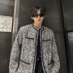 Threebooy Korean Fashion Shiny Sequin Jacket Sliver Round Collar Long Sleeve Jackets Coats Autumn New Ladies Gentleman High Street