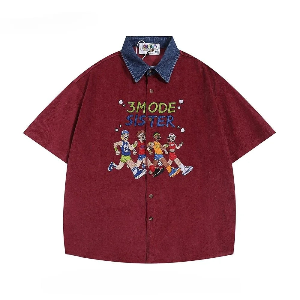 Threebooy  Men Women American Retro Athlete Embroidery Spliced Denim Collar Short-sleeved Shirts Trendy Summer Street Casual Loose Blouse
