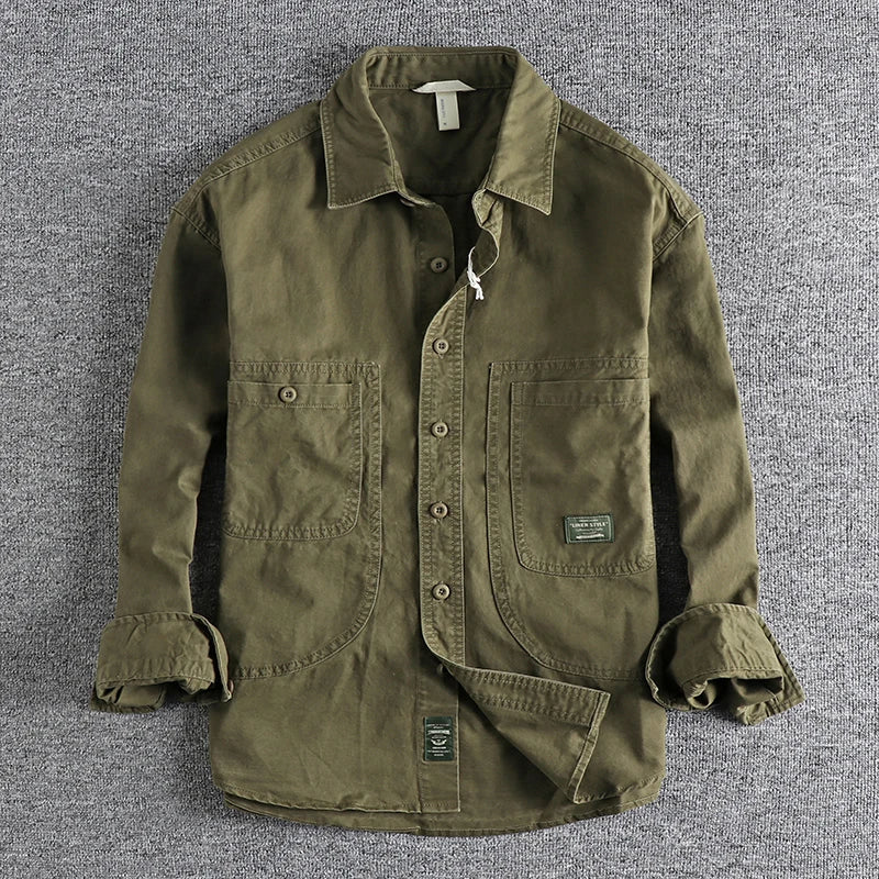 Threebooy  Tough Guy Style Heavyweight Washed Old Work Shirt Men's American Cargo Styles Daily Casual Versatile Long Sleeve Shirt Jacket