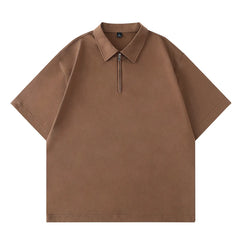 Threebooy  Summer Men's Short Sleeve T-Shirts Half Zipper Turn Down Collar Cotton Solid Loose Tshirt Male Breathable Business Casual Tops
