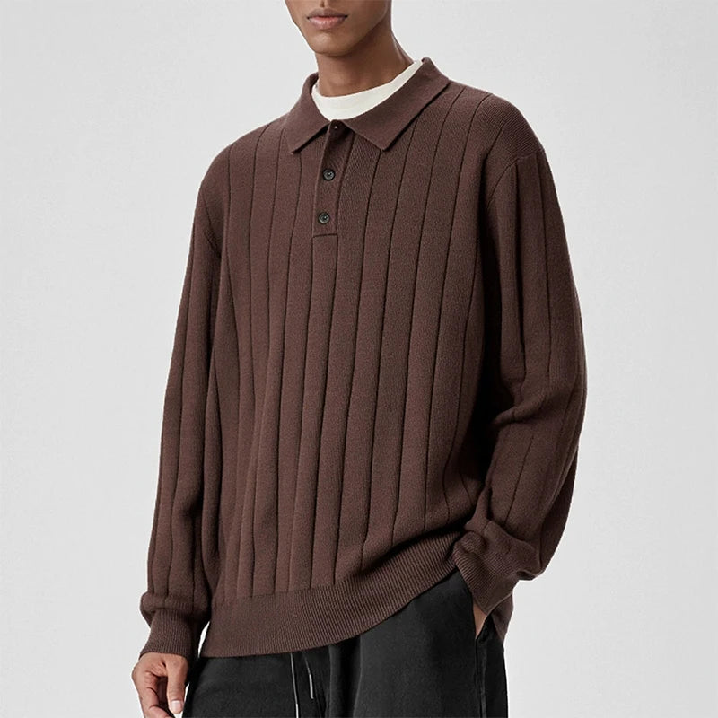 Threebooy  New British Retro Men Polo Neck Sweater Light Luxury Knit Loose Long Sleeve Pullover Casual Solid Color Premium Knitwear M-3XL
