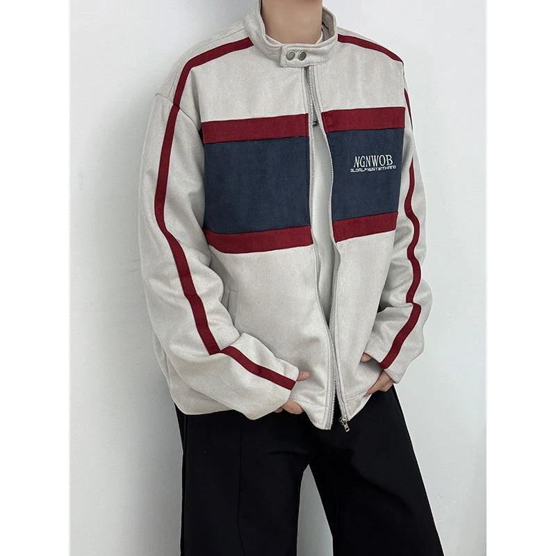 Threebooy Retro Contrast Jacket Motorcycle Suit Suede Stand Collar Jacket Men's High-end Outdoor Niche Bomber Jacket Baseball Uniform Suit