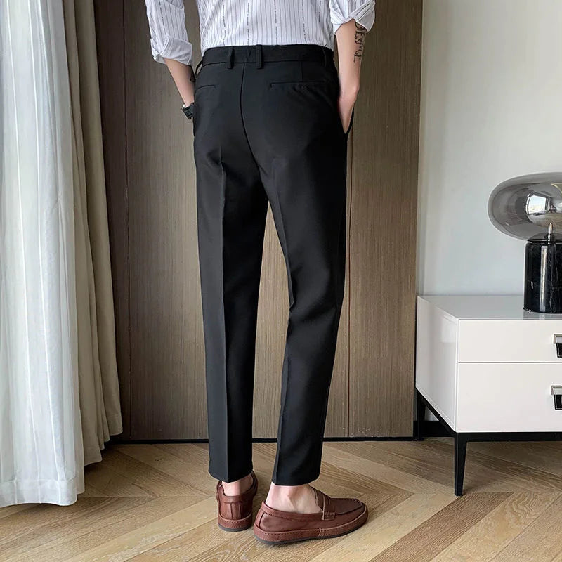 Threebooy  Men's Fashion Trend Casual Pants Silk Fabric Slim Fit Solid Color Suit Pants Formal Business Cotton Trousers Size 28-36