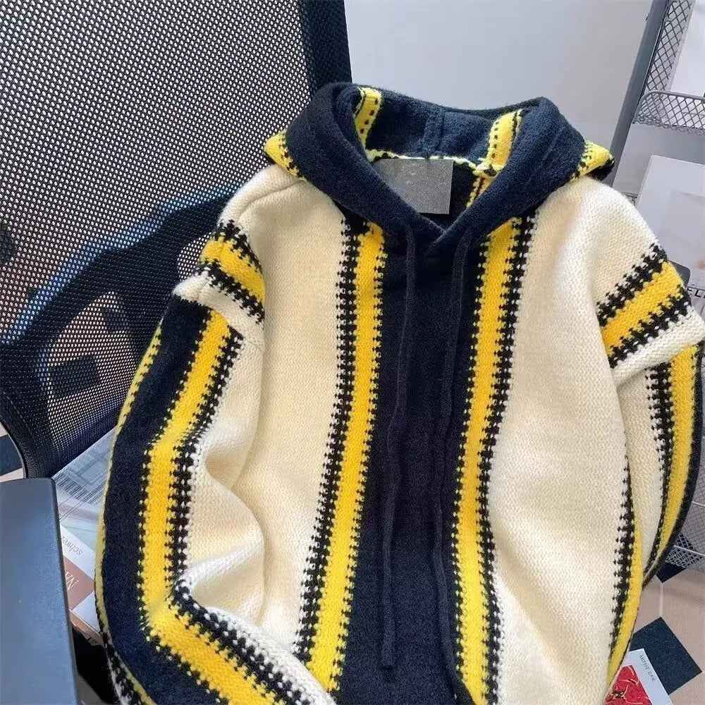 Threebooy Korean street style men and women trendy color blocked striped hooded sweater for couples autumn and winter loose retro casual