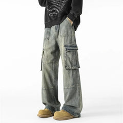 Threebooy Mens Loose Fit Straight Wide Leg Cargo Jeans outdoor Multi Pocket Patchwork Denim Pants Trending Streetwear Utility Style